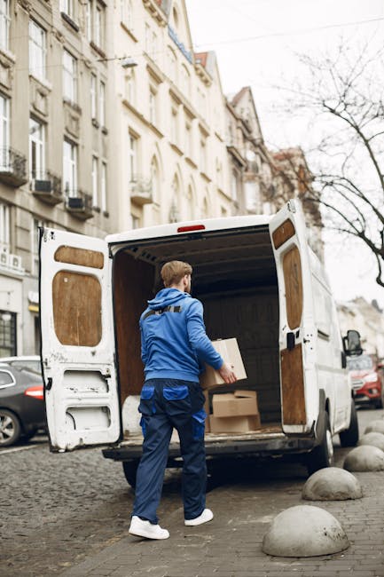 A young man wearing a black face mask, blue jacket, and dark trousers is seen standing outside at the rear of a white van during a home relocation. He is holding three cardboard boxes of varying sizes