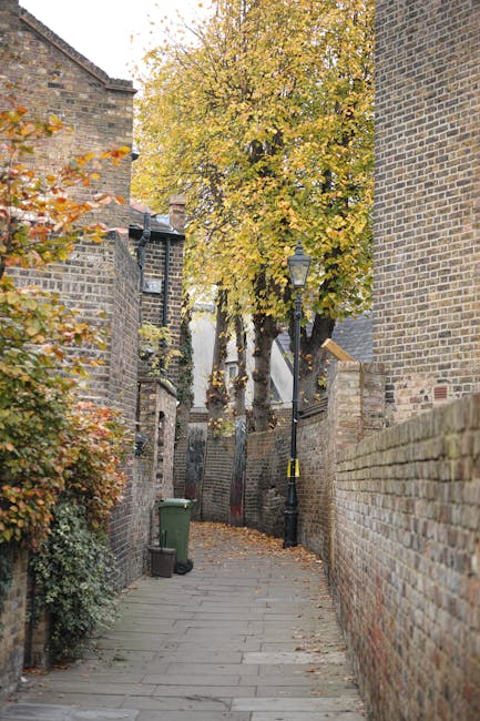 A narrow, paved alleyway in a residential area during daytime, flanked by tall brick walls on both sides. On the left side, a small green wheelie bin is positioned near the base of the wall, with a black plastic bag beside it. A black street lamp with a traditional design is mounted to a pole on the right side of the alley, adjacent to a brick wall. Overhead, a large deciduous tree with yellow and orange autumn foliage extends across the alley, casting shadows on the pavement. The alley appears to be in a quiet neighborhood, typical of urban house removals or home relocation settings, with the scene reflecting the environment where furniture transport and packing activities could take place, especially for moves in narrow street locations such as Wood Green N22. This natural setting highlights the logistical considerations of moving services like those offered by Man and Van Haringey.